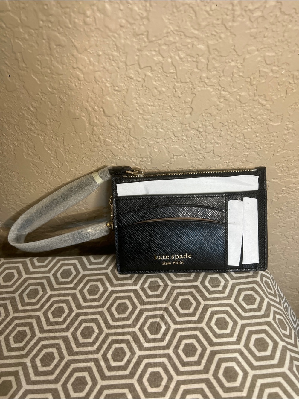kate spade Black Leather Zip Card Case Wristlet with Gold Logo
